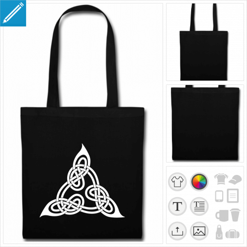 sac tote bag noir triangle celtique personnalisable, impression  l'unit