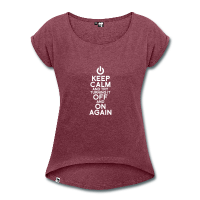 T-shirt à manches et devant retroussés, bordeau, avec motif geek try turning it off and on again et blague keep calm.