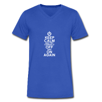 T-shirt bleu pour homme à col v et manches courtes, blague geek keep calm et bouton on off