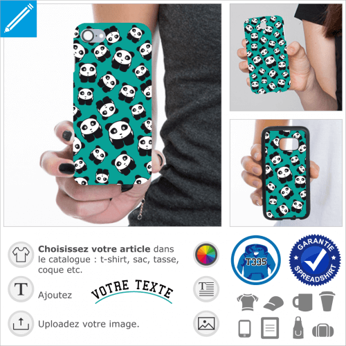 Motif pandas kawaii sur fond bleu pour coque de tlphone.