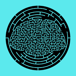 Circonvolutions formant un cerveau labyrinthique dcoupes sur un cercle, un motif humour et geek.