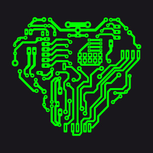 Coeur dessiné en lignes de circuit, un design geek et cyborg.