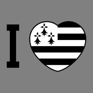 J'aime la Bretagne, design I love et cur noir et blanc aux couleurs du drapeau.