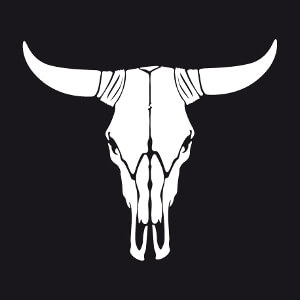 Tête de vache dessinée de face, un design Western et tête de mort.