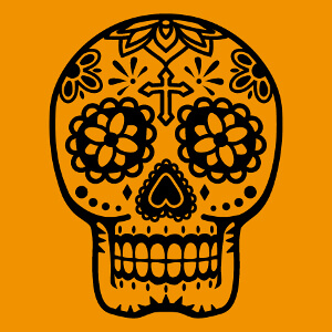 Crâne mexicain floral une couleur dessiné en découpes et contours épais.
