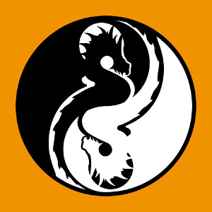 Dragons styliss formant un cercle aux deux moitis symtriques avec chacune un point form par la tte et le cou, comme un symbole yin yang.