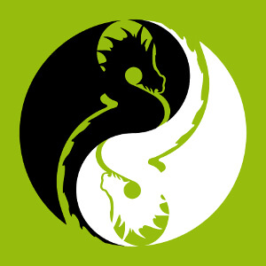 Dragon yin yang personnalis deux couleurs avec courbe en S au centre et points vide dans chaque moitie.