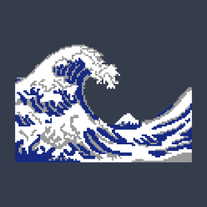 La vague d'Hokusai dessine en pixels 3 couleurs.