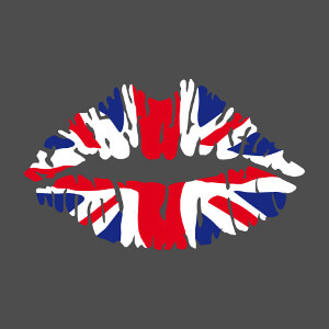 Kiss England, lvres peintes aux couleurs du drapeau anglais avec le motif de croix centrale et oblique.