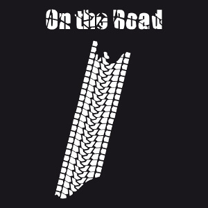 On the road, design voyage et citation, compos du titre du romande Jack Kerouac et d'une empreinte de pneu de voiture.