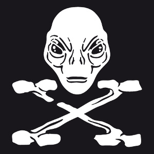 Alien pirate, drapeau pirate et os en X avec un visage extraterrestre.