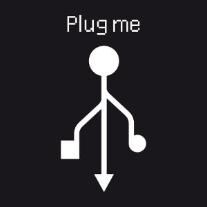 Plug me hug me, blague geek avec symbole usb et typo pixels.