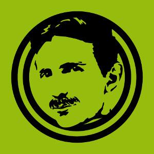 Portrait en mdaillon de Nikola Tesla, design une couleur en tracs et applats pais. Crez un t-shirt geek original pour Tesla Day.