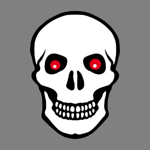 Tte de mort blanche  contours noirs et yeux rouges flamboyants.