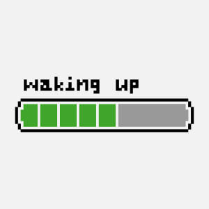 Waking up, barre de batterie dessine en pixels, un design geek et humour.