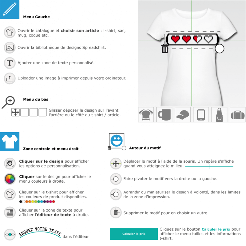 Personnaliser un t-shirt Barre de vie 4 coeurs pixels  designer en ligne 