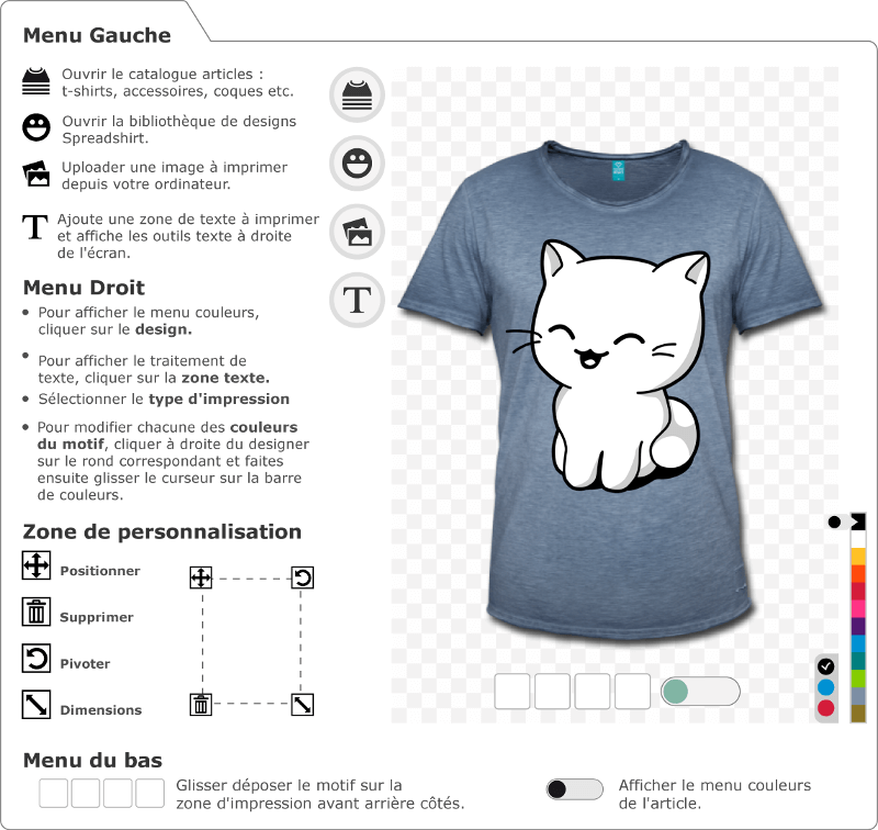 Chat rigolo dessin en style kawaii  imprimer en ligne. Couleurs personnalisables. Impression haute qualit. Crer un t-shirt chat kawaii personnalis