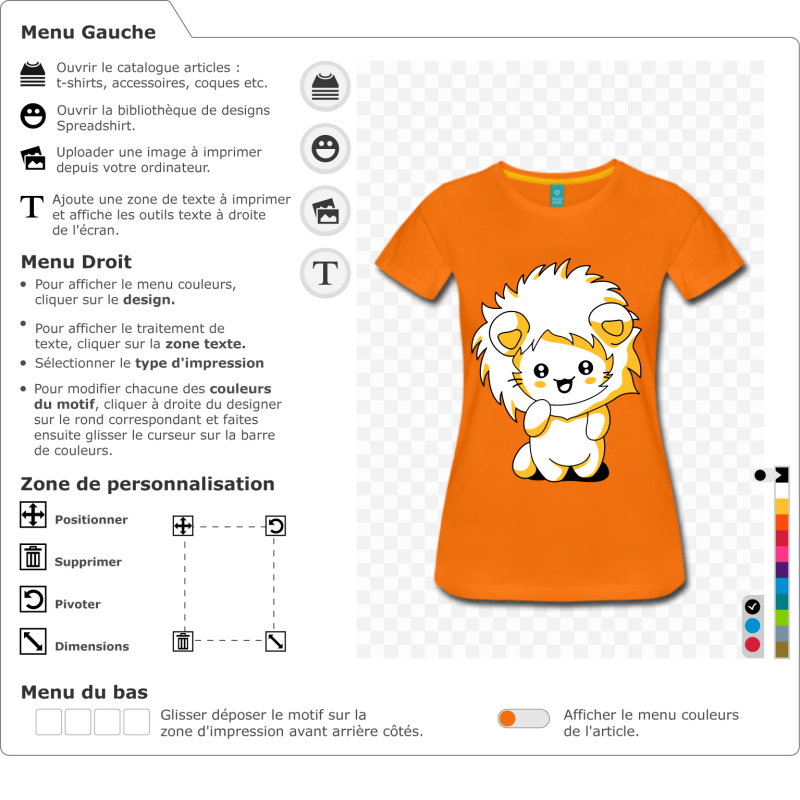 T-shirt chaton kawaii  personnaliser. Petit chat debout  l'expression rieuse, portant une capuche  crinire de lion.