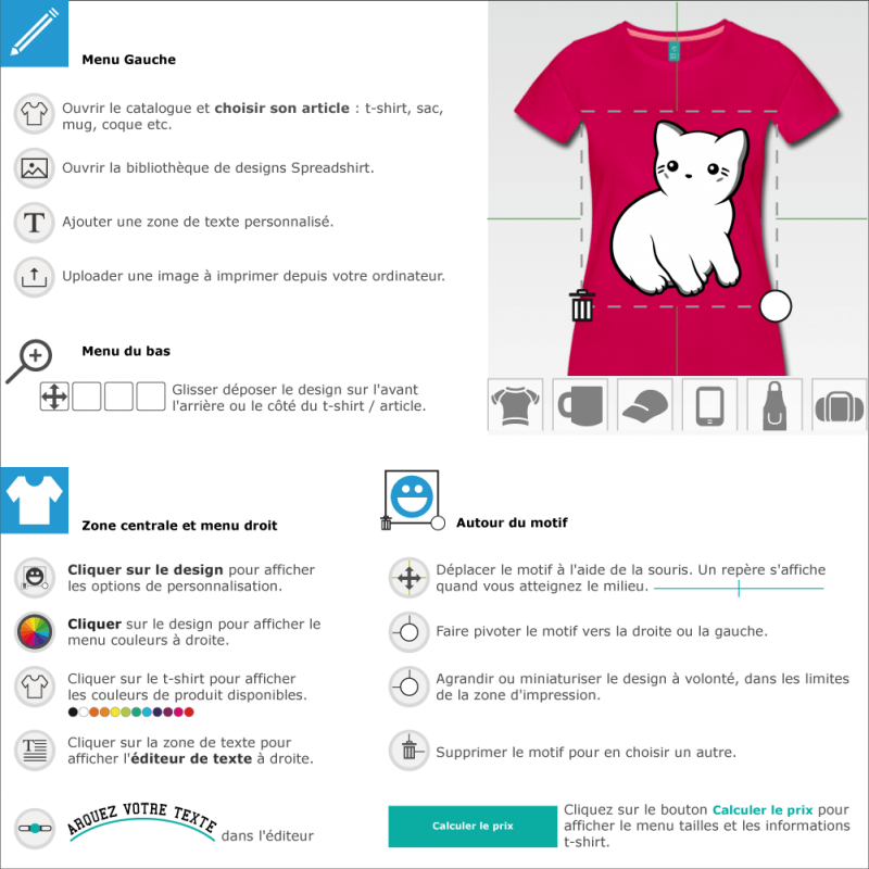Personnalisez un t-shirt chat kawaii avec ce chaton de profil aux couleurs modifiables.