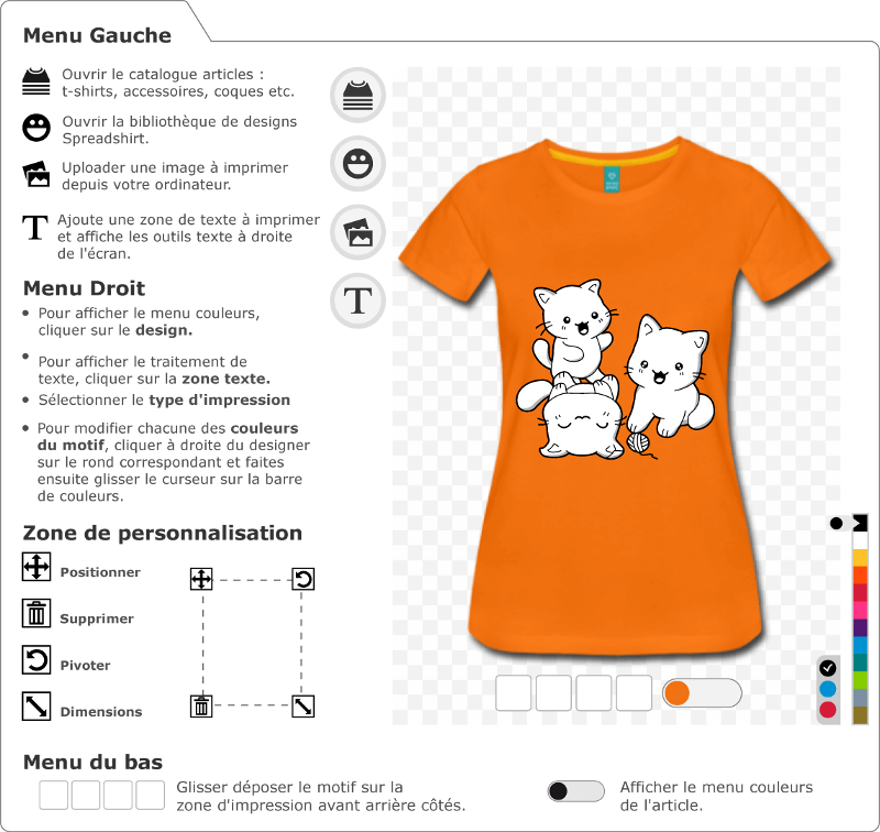 Chats kawaii  personnaliser et imprimer sur t-shirt. Trio de chatons mignons 3 couleurs.