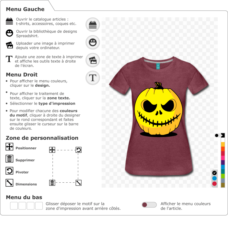 Personnalisez la citrouille et crez votre t-shirt original pour Halloween. Citrouille 3 couleurs  imprimer en ligne.