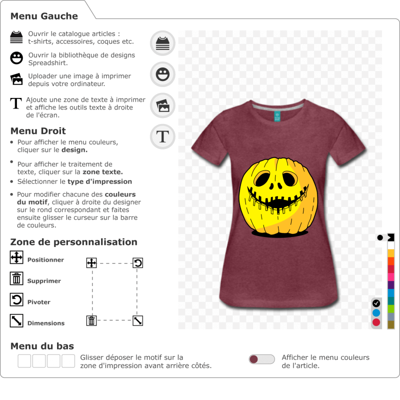 Personnaliser un t-shirt pour Halloween avec cette citrouille originale et rigolote, dessine en 3 couleurs modifiables.