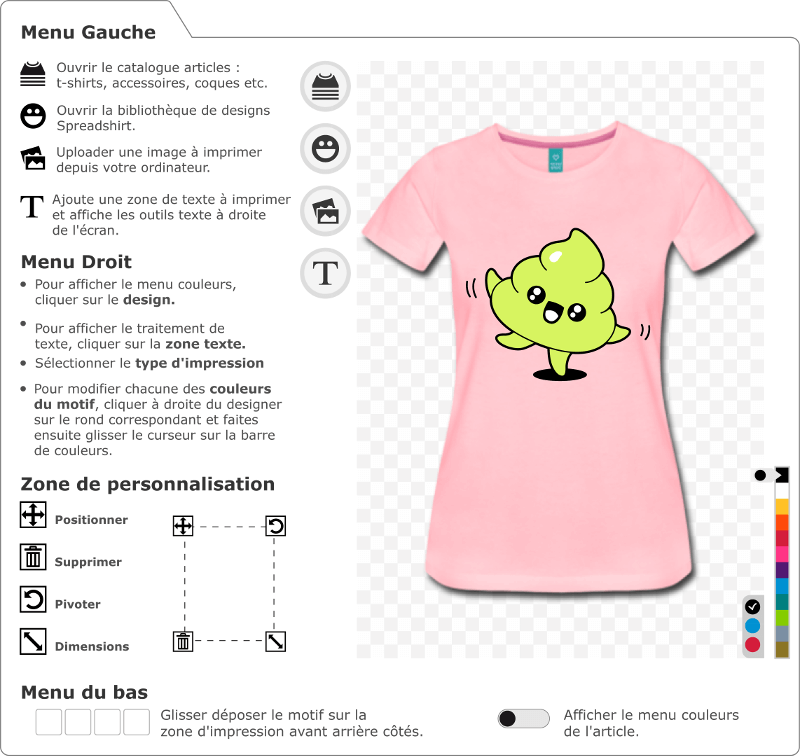 T-shirt emoji kawaii, crotte qui danse, avec une mine réjouie. Créer un t-shirt caca original.