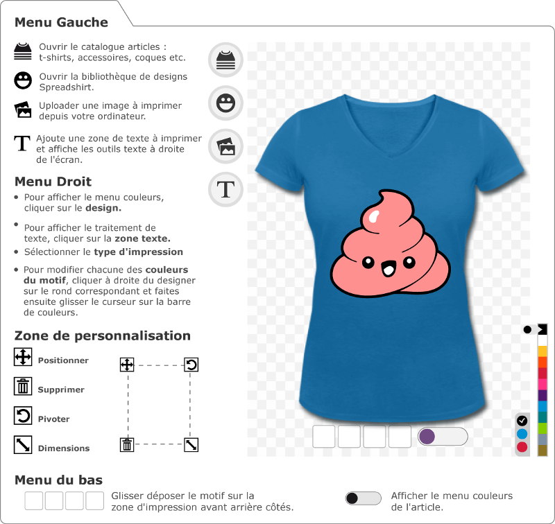 Emoji caca rigolo dessiné en style kawaii à imprimer sur t-shirt. Crotte kawaii à personnaliser.