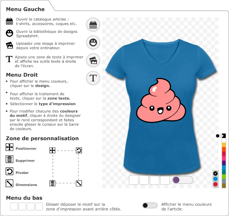 Emoji caca rigolo dessin en style kawaii  imprimer sur t-shirt. Crotte kawaii  personnaliser.