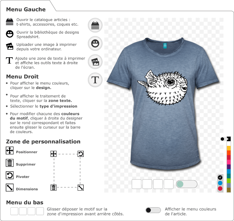 T-shirt fugu  personnaliser en ligne. Poisson globe gonfl et hriss de pics, dessin en 2 couleurs.