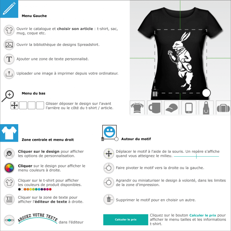 Customisez un tee shirt Lapin Alice blanc sur noir en ligne 