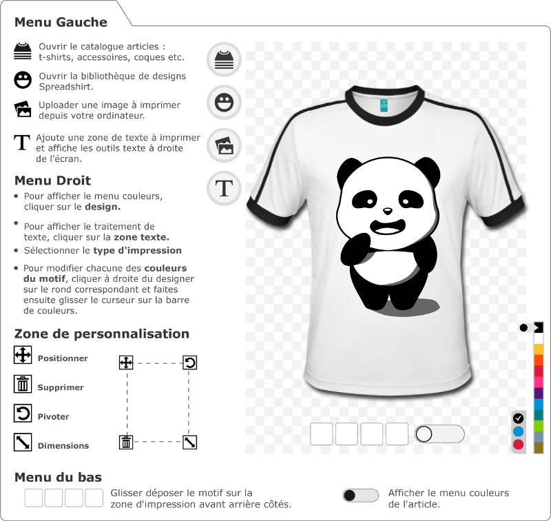 Panda 3 couleurs kawaii  personnaliser et imprimer en ligne. Customisez votre t-shirt panda.