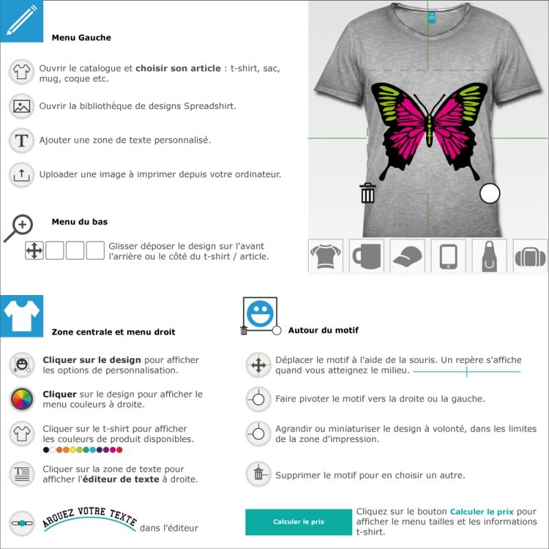 Imprimer un tee shirt Papillon 3 motifs  designer en ligne 