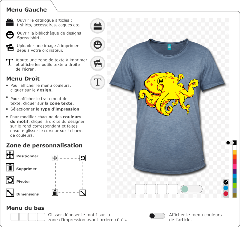 Pieuvre à personnaliser soi-même et imprimer sur t-shirt. Poulpe aux tentacules en mouvement.