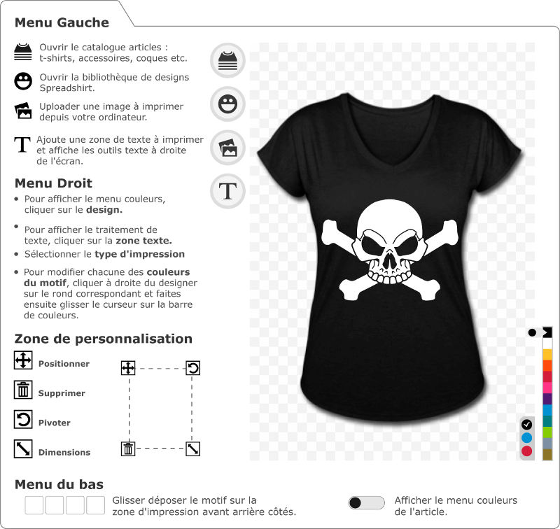T-shirt pirate à personnaliser soi-même. Ajoutez du texte, choisissez le modèle de t-shirt. Tête de mort blanche et os croisés.