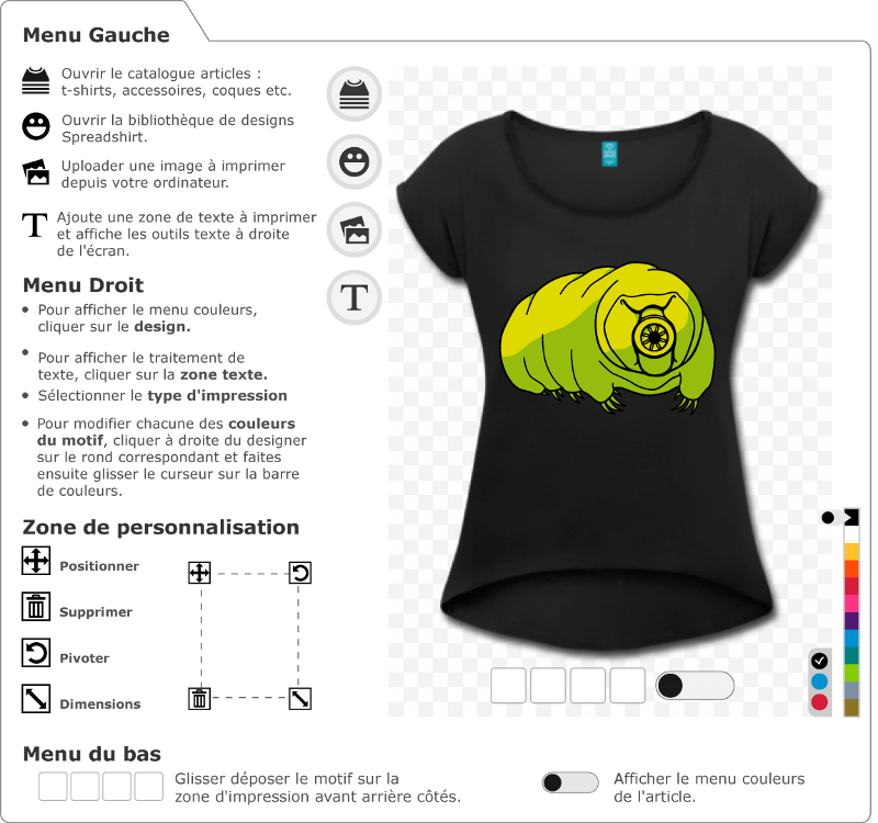 Personnalisez votre t-shirt science avec ce tardigrade rigolo dessin en 3 couleurs. Motif geek et biologie.