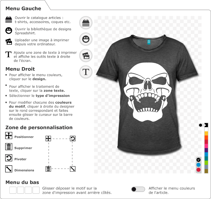 Personnaliser un t-shirt tte de mort avec ce crne stylis  l'expression ricanante, tte rejete vers l'arrire.