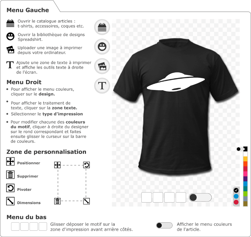 UFO personnalisable. Soucoupe volante stylisée simple en aplat et découpes à imprimer sur t-shirt. ovni