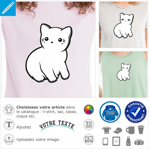 T-shirt chat kawaii dessin de profil, avec contours fins et ombres grises.