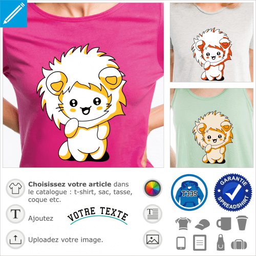 T-shirt chaton kawaii, chat rigolo portant une capuche de lion  imprimer sur t-shirt ou accessoire.