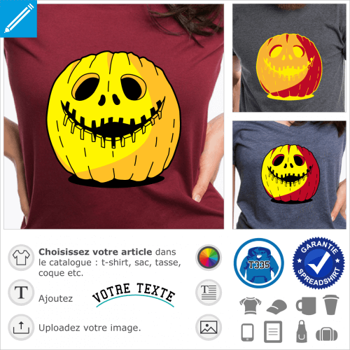 T-shirt citrouille  personnaliser et imprimer en ligne. Jack o'lantern et sourire sculpt en arc dentel.