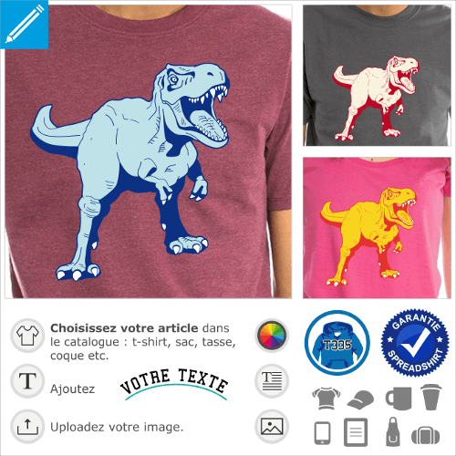 T-shirt dinosaure  personnaliser. T-rex 3 couleurs  imprimer en ligne. Tyrannosaure stylis.