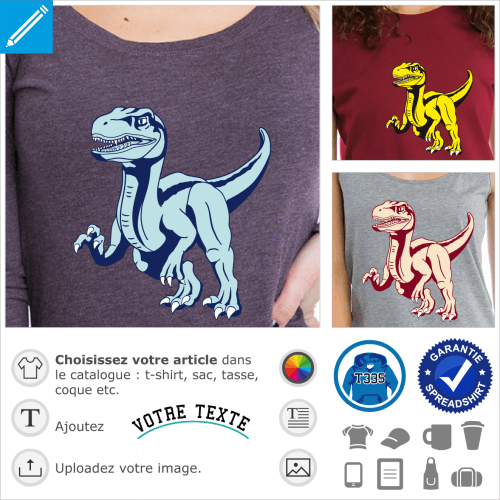 T-shirt vlociraptor  personnaliser et imprimer en ligne. Dinosaure stylis 3 couleurs opaque.