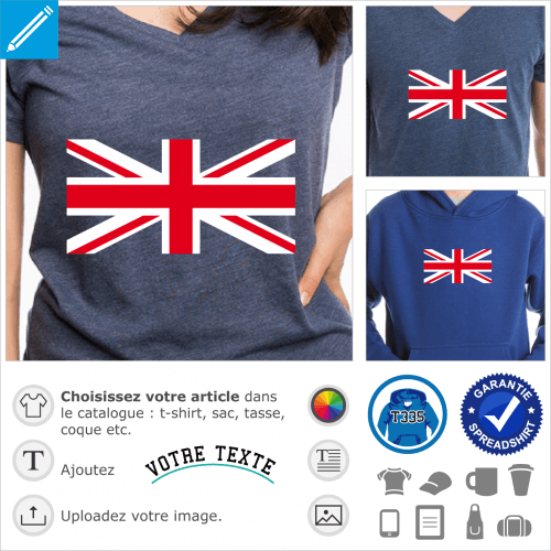 Croix centrale du drapeau anglais  bandes rouges et blanches perpendiculaires et obliques  imprimer sur t-shirt bleu marine