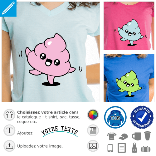 T-shirt emoji caca qui danse, crotte stylisée faisant des pointes. Créer un t-shirt caca rigolo avec ce dessin.