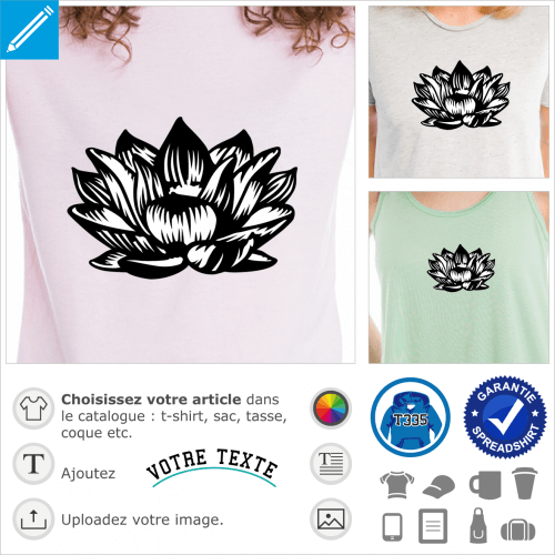 Fleur de lotus stylise dcorative dessine en noir et blanc, un design spcial impression t-shirt.