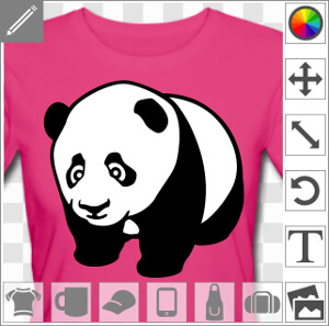Bébé panda dessiné de trois quarts face, tourné vers la gauche, à quatre pattes. Design noir et blanc en style kawaii avec des grands yeux à reflet.