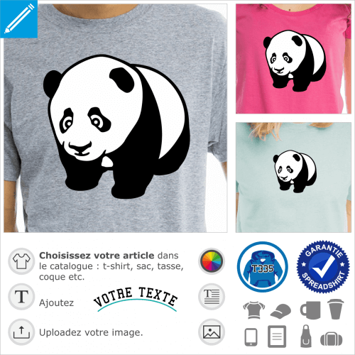 Bb panda dessin de trois quarts face, tourn vers la gauche,  quatre pattes. Design noir et blanc en style kawaii avec des grands yeux  reflet.