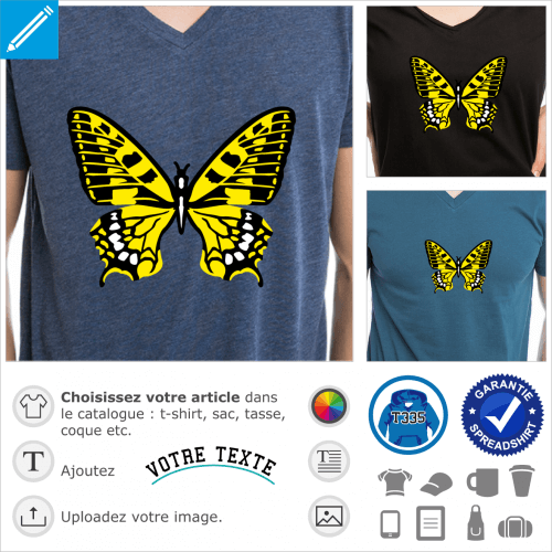 Papillon aux ailes tenues  plat vu du dessus, avec des motifs jaunes noirs et blancs contrasts et des lignes entrelaes.