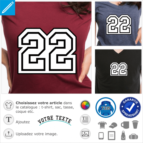 22, numro crit en gros chiffres simplres,  imprimer sur t-shirt, tasse, cadeau etc. personnalis.
